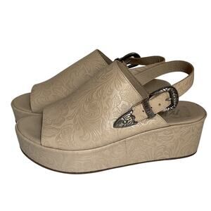 Matisse Embossed Wedge Western Sandals Leather Beige Platform Made in Brazil Sz9